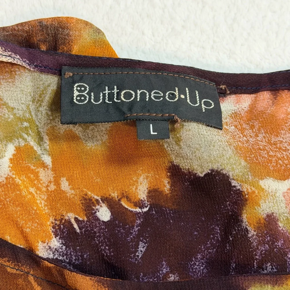 Vintage Buttoned Up Abstract Floral Rayon Tank Top L Brown Orange - Picture 5 of 5